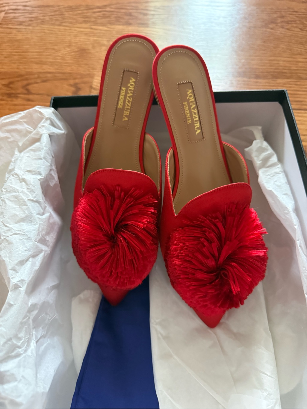 Aquazzura Red Satin Pom-Pom Pointed Toe Mules